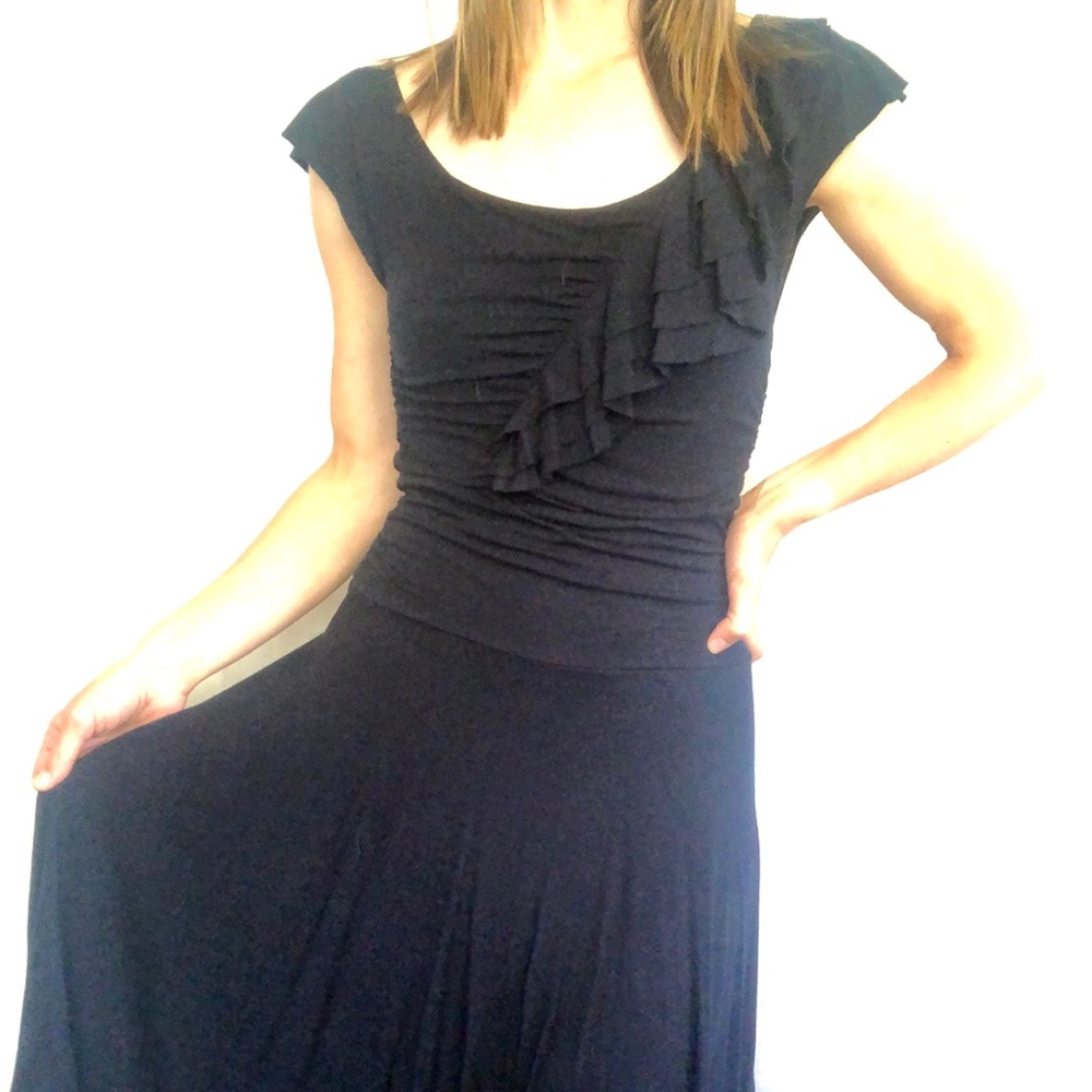 Anthro deep navy stretch knit ruffle dress